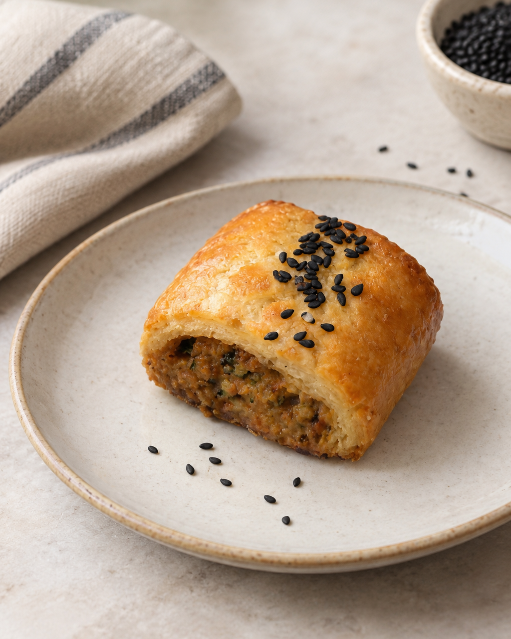 A golden-brown baked pastry or roll topped with black sesame seeds, served on a light beige ceramic plate. The plate is set on a light stone surface with a striped cloth napkin, scattered sesame seeds, and a small bowl of black seeds in the background.