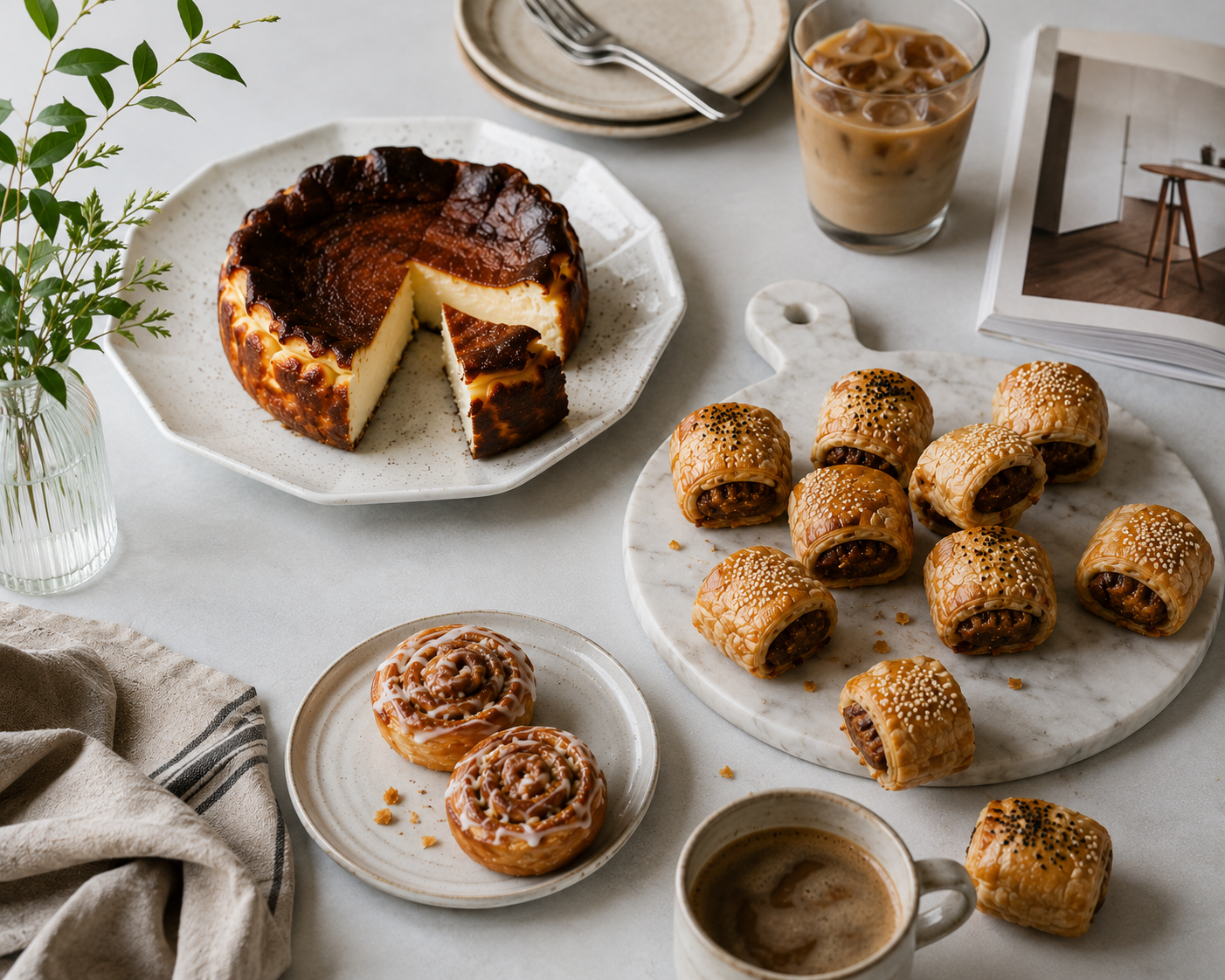 Dessert table with a burnt cheesecake, pastries, and coffee on a light surface.