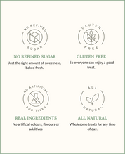 Four benefit callouts on an off-white background: no refined sugar, gluten free, no artificial additives, and all natural. Each feature has a simple icon and green text.