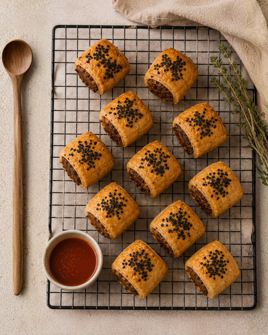 Baked pastries with a dipping sauce on a cooling rack, with a wooden spoon and towel in the background.